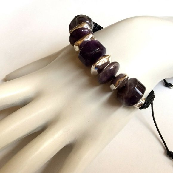 Silver Amethyst Stone Rope Bracelet Purple 6-9" - Picture 6 of 11